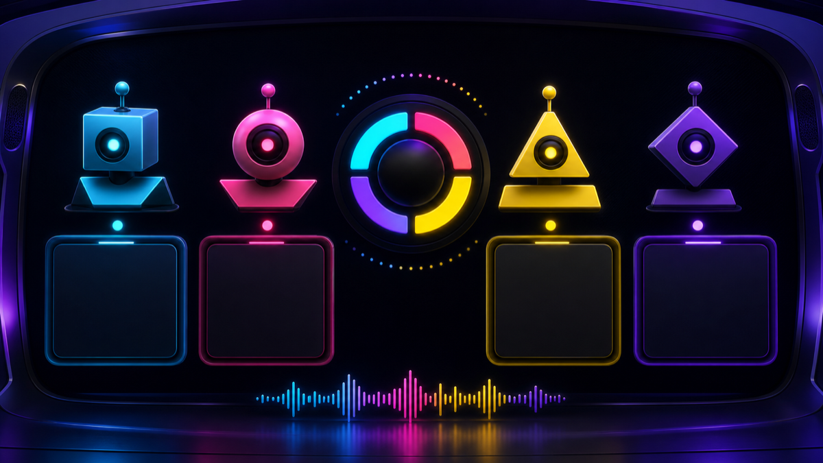 A party-game bot control display with geometric mascots and blank response panels.