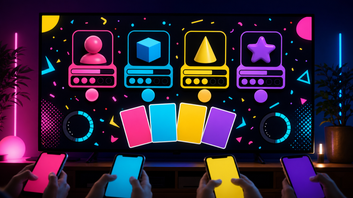 A colorful party-game board with blank cards, score panels, and phone controllers.