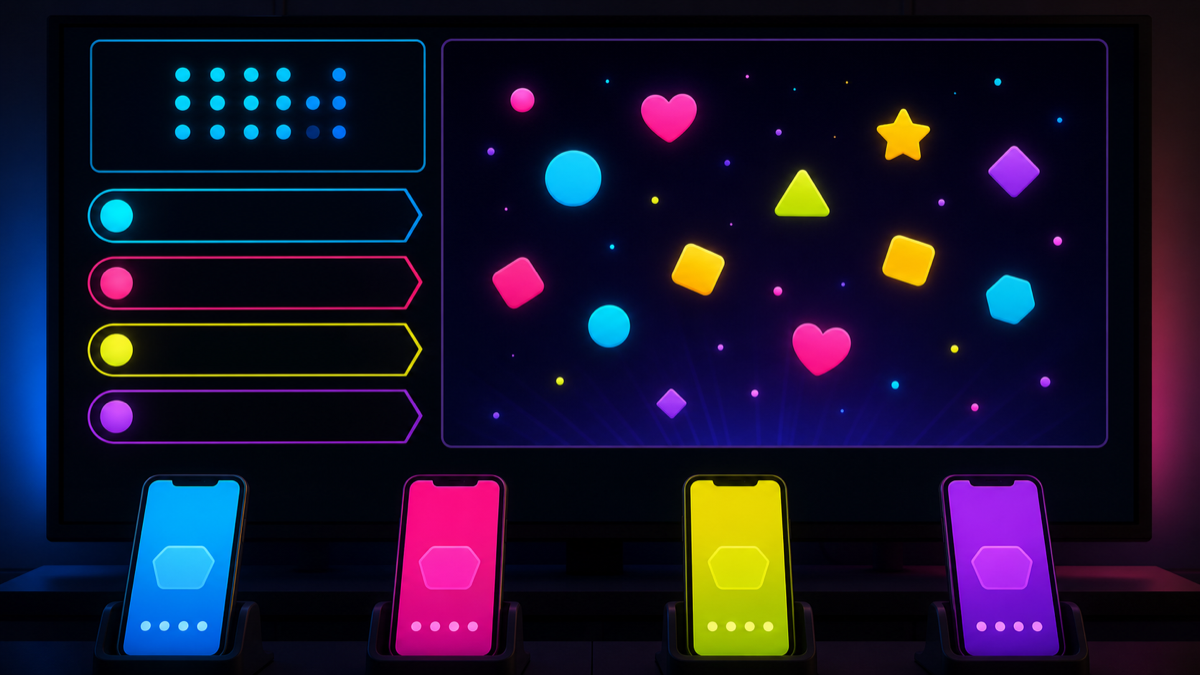 A party-game spectator display with blank status panels and color-coded phone controllers.