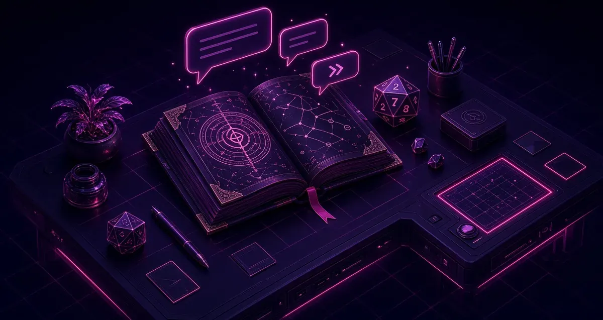 Editorial illustration of a shared grimoire beside campaign chat and dice.