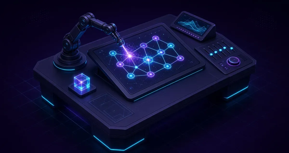 Editorial illustration of a creative node canvas being refined and polished.
