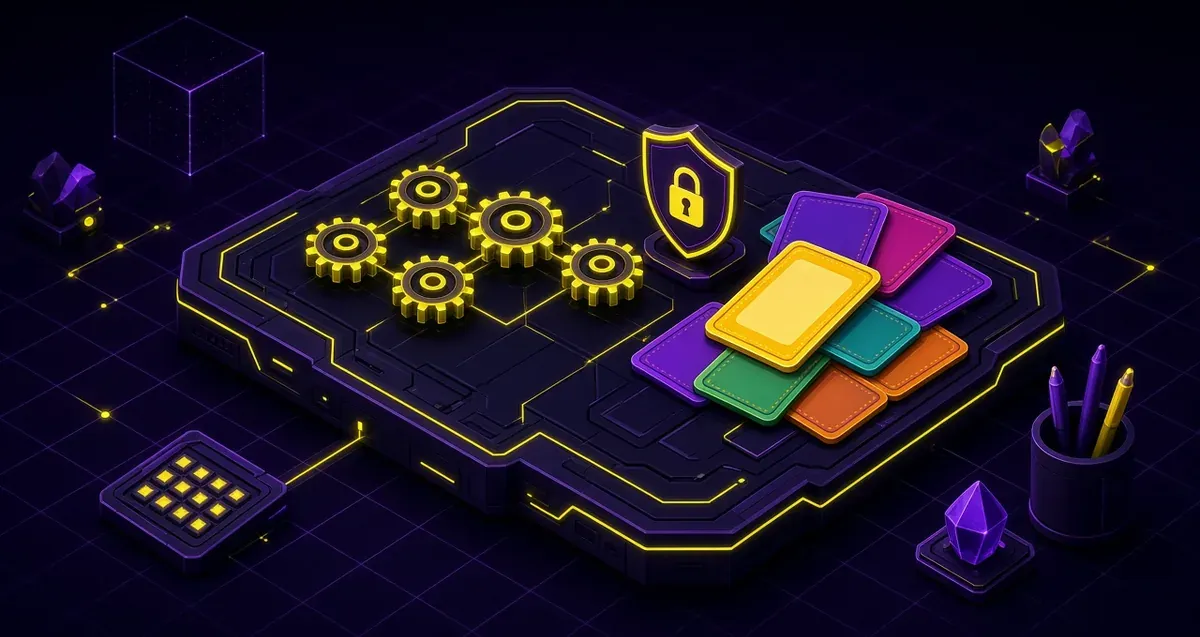 Editorial illustration of CI pipeline gears and security fixes on party-game cards.