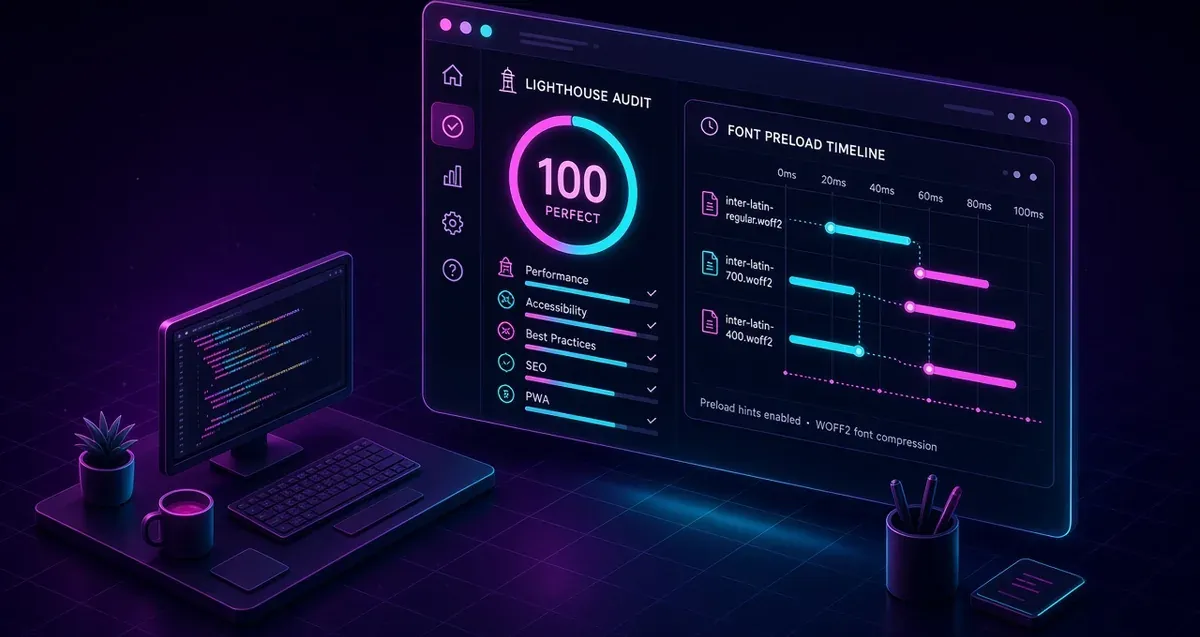 Editorial illustration of Lighthouse score 100 beside font preload timeline.