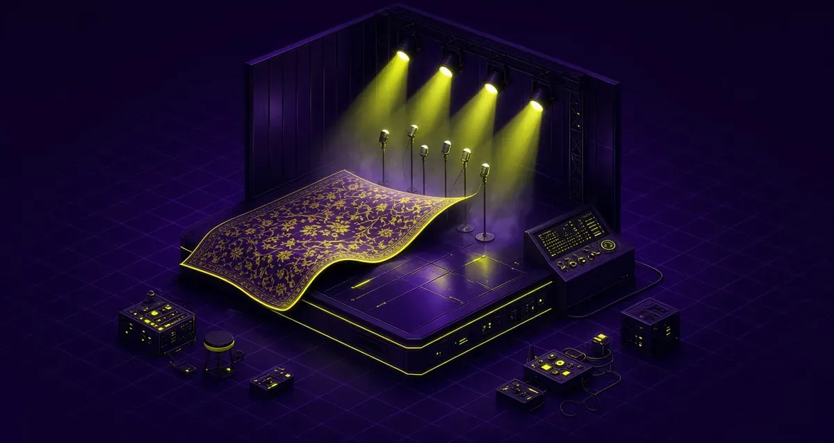 Editorial illustration of a stage rug pulled away with microphones and spotlight beams.