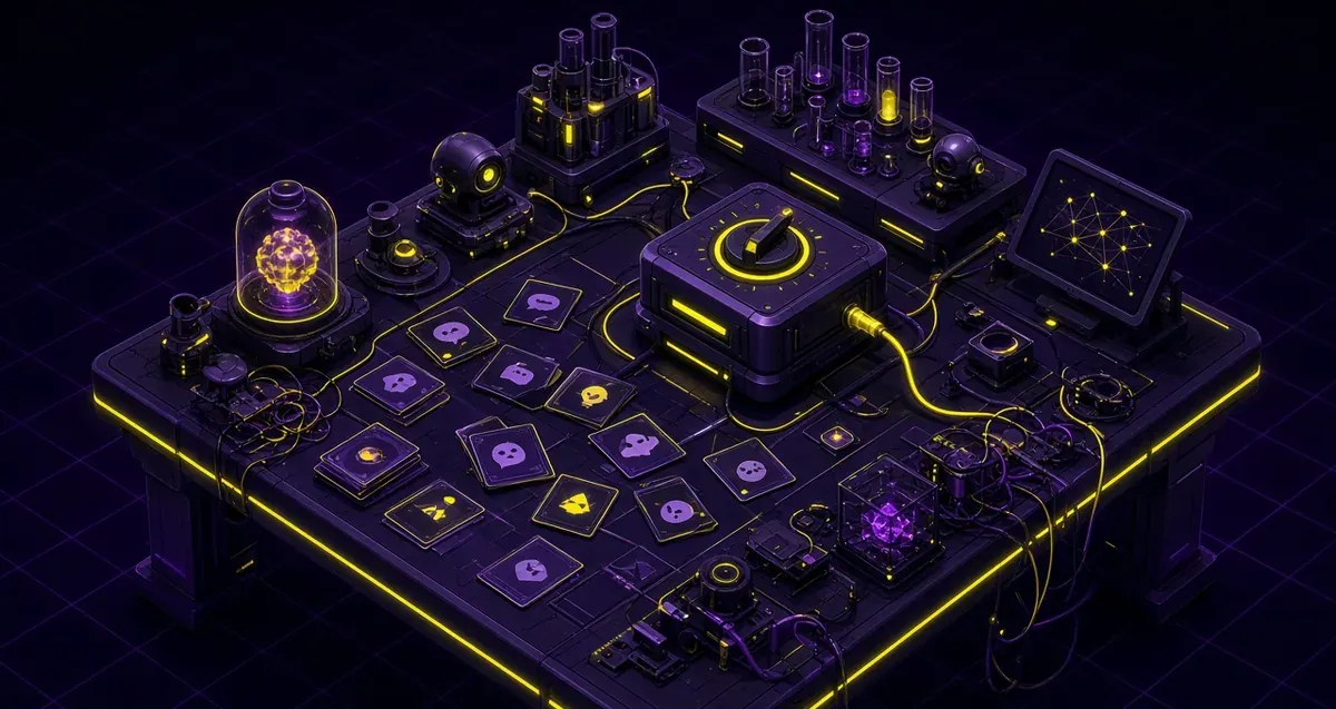 Editorial illustration of experimental prototypes and playful chaos on a lab bench.