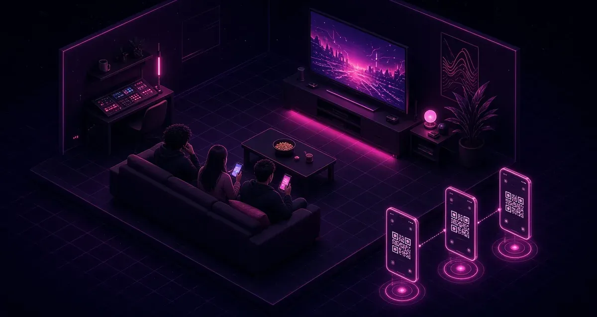 Editorial illustration of a couch TV party game with phones on spectator links.