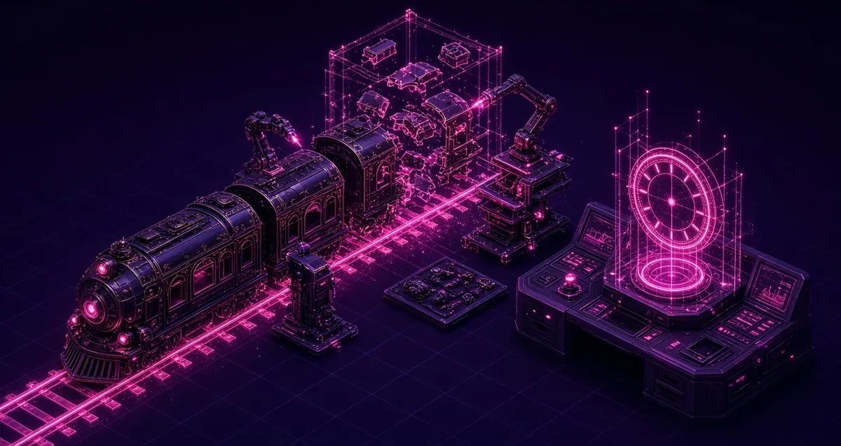 Editorial illustration of ornate train carriages on neon rails under a deadline clock.