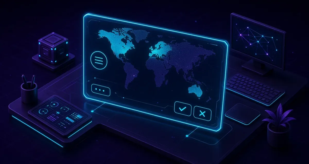 Editorial illustration of a minimal cookie banner over a world map with few lit regions.