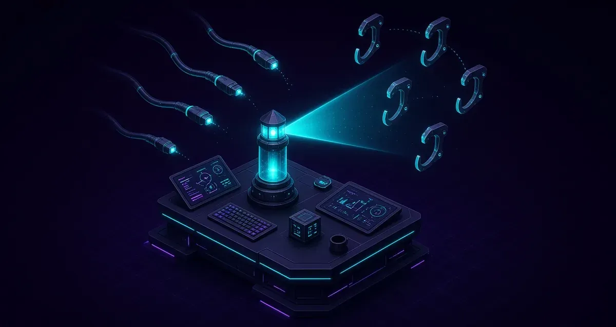 Editorial illustration of a lighthouse audit beam unplugged from CI pipeline cables.