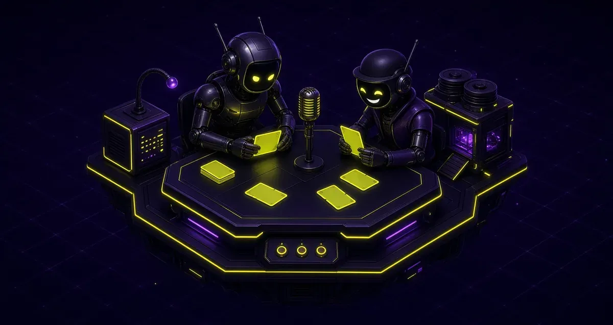 Editorial illustration of robot comedians writing joke cards for a party game.