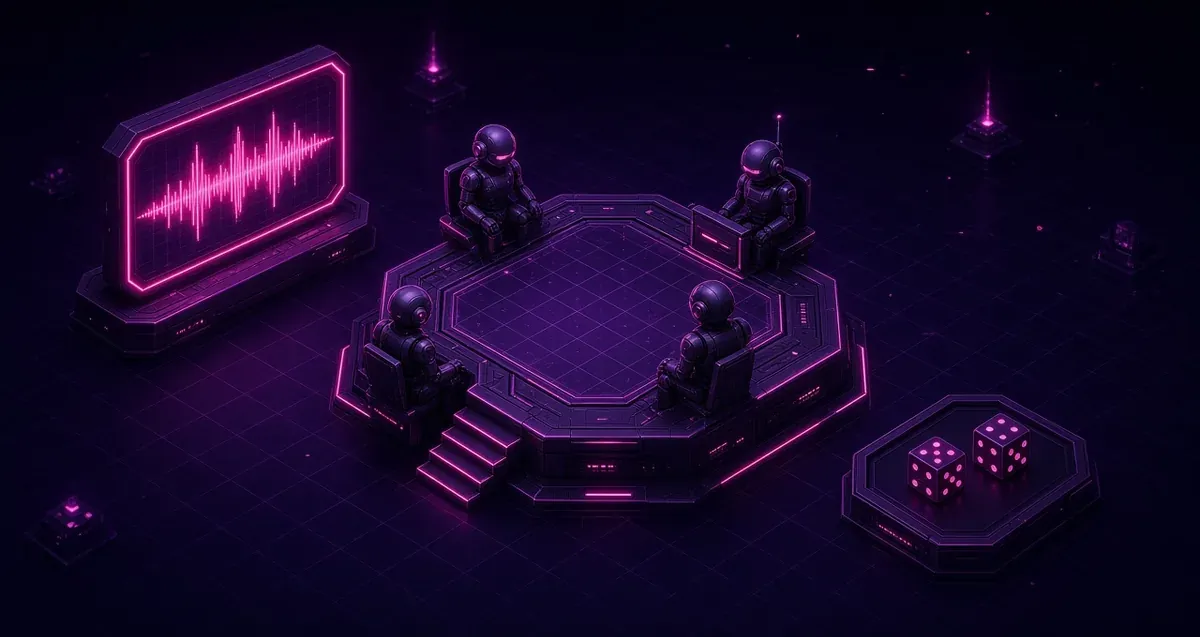 Editorial illustration of CPU bots paused waiting for narration waveform to finish.