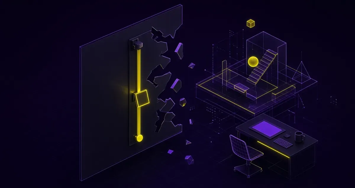 Editorial illustration of a sticky element failing beside a wireframe scroll scene.