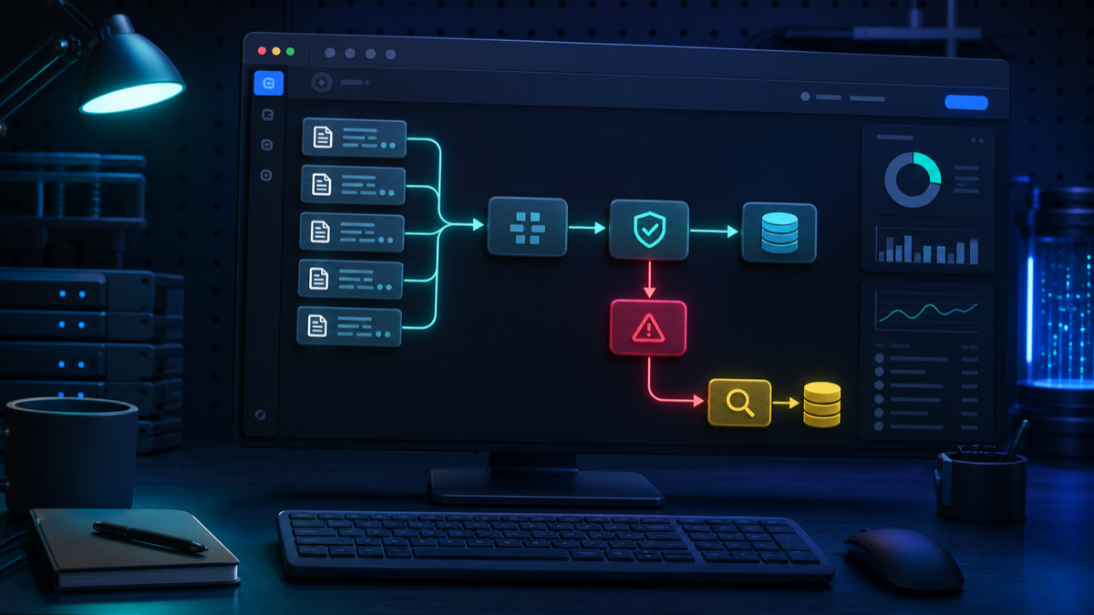 A data-ingestion dashboard routing incoming records through validation and review.