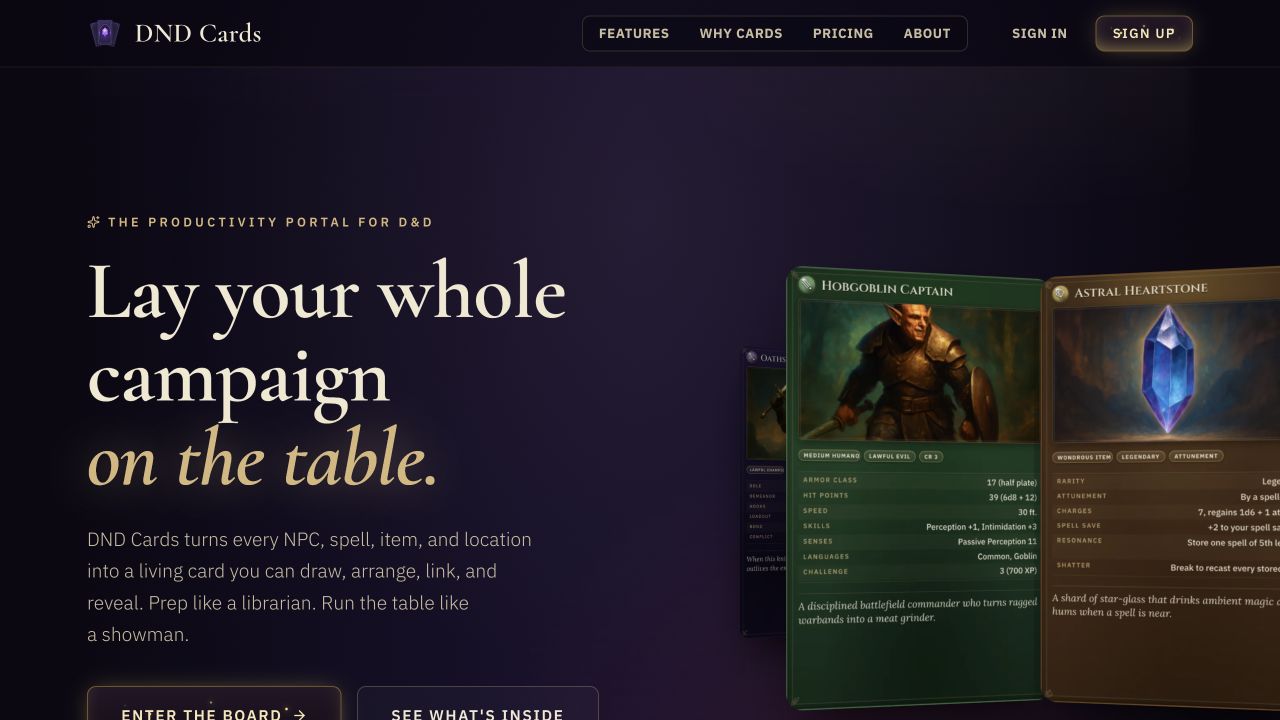 Current DND Cards campaign portal with living card previews.