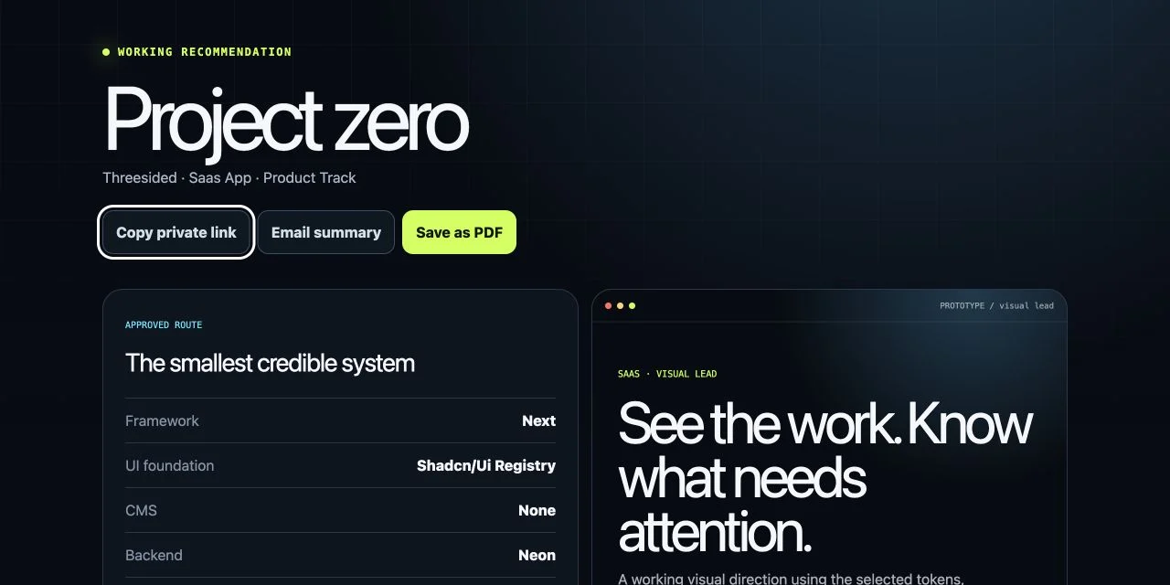 A generated recommendation shows the selected framework, UI foundation, backend, and visual direction.