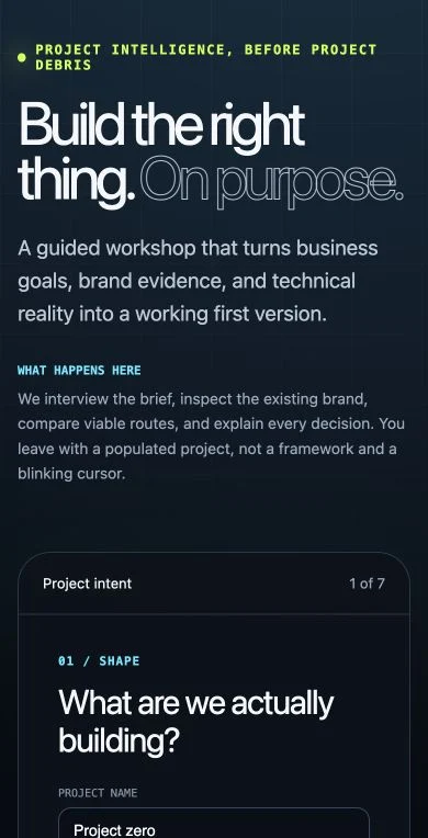 The guided workshop keeps the full decision flow usable on a small screen.