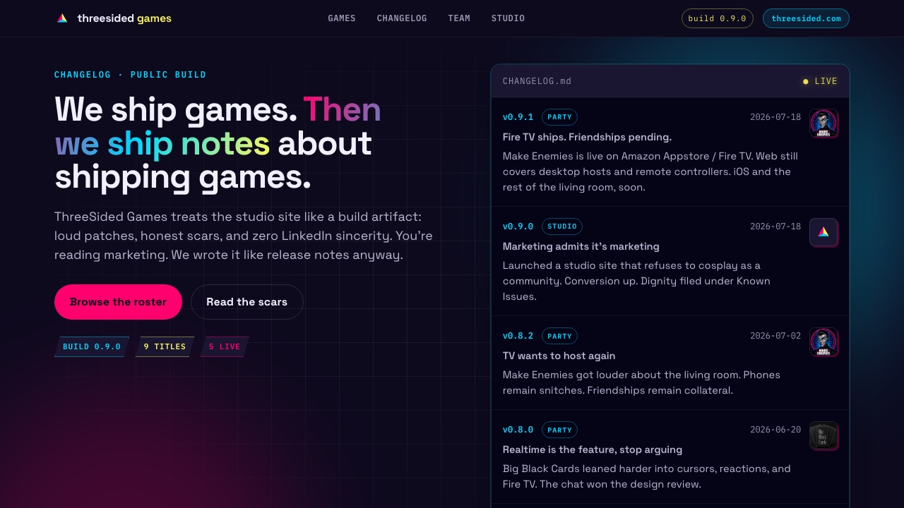 Threesided Games homepage — patch-notes hero beside the live changelog panel.