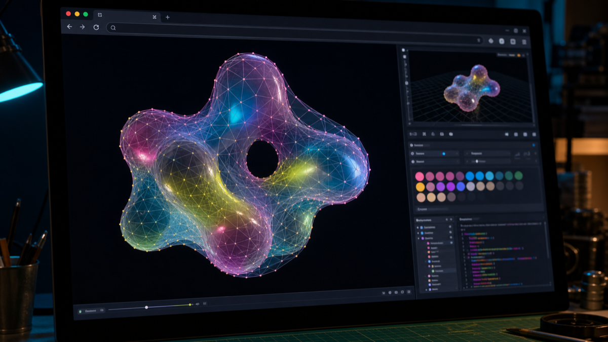 A browser-based WebGL workspace with a colorful vertex-painted metaball.