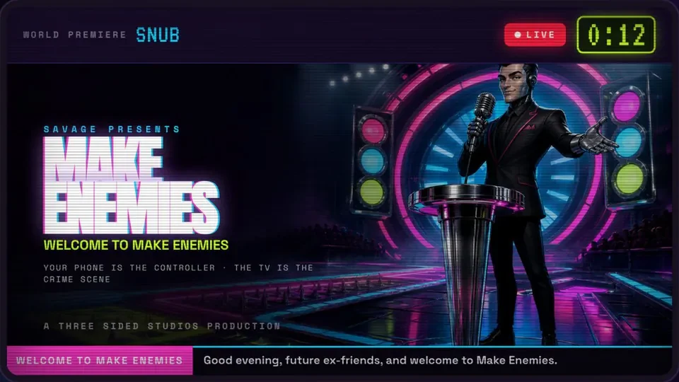 Make Enemies television stage with SAVAGE introducing the show