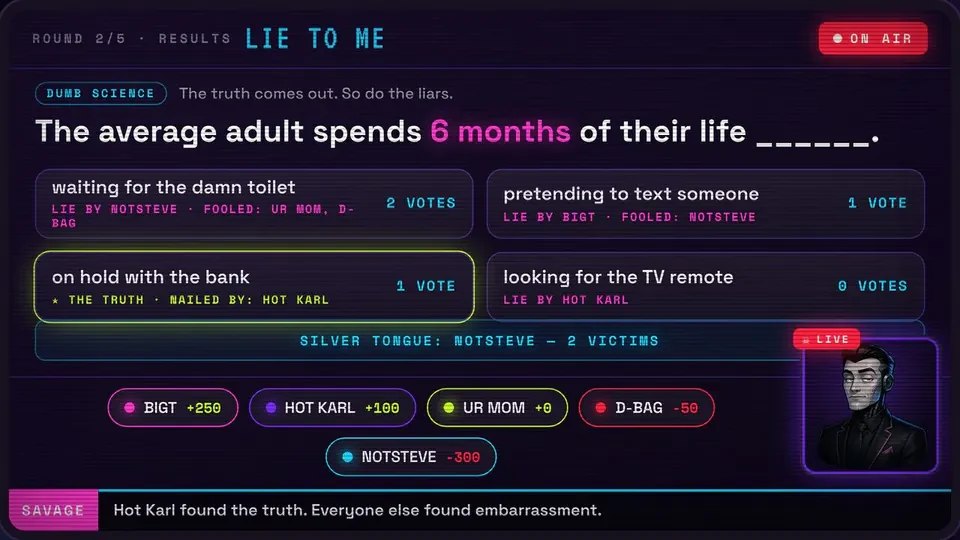 Make Enemies Lie to Me round with player answers, votes, scores, timer, and SAVAGE