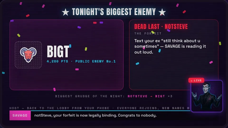 Make Enemies biggest enemy results screen with live scores and confetti