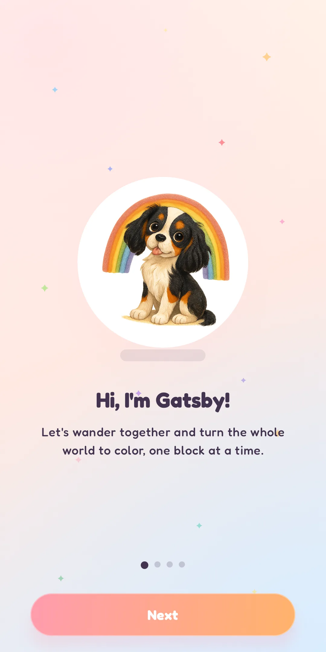 Rainbow Wander welcome screen with Gatsby and a painted rainbow