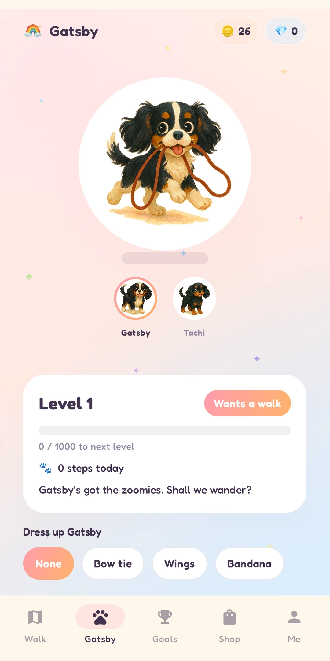 Rainbow Wander companion screen showing Gatsby, walk progress, and cosmetic choices