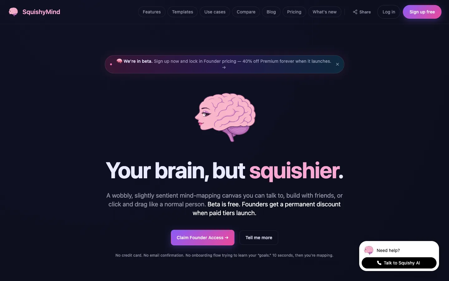 SquishyMind homepage hero with founder access and product positioning