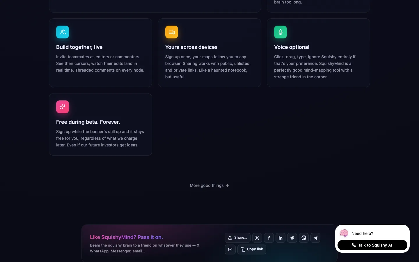 SquishyMind feature grid covering live collaboration, sync, and voice