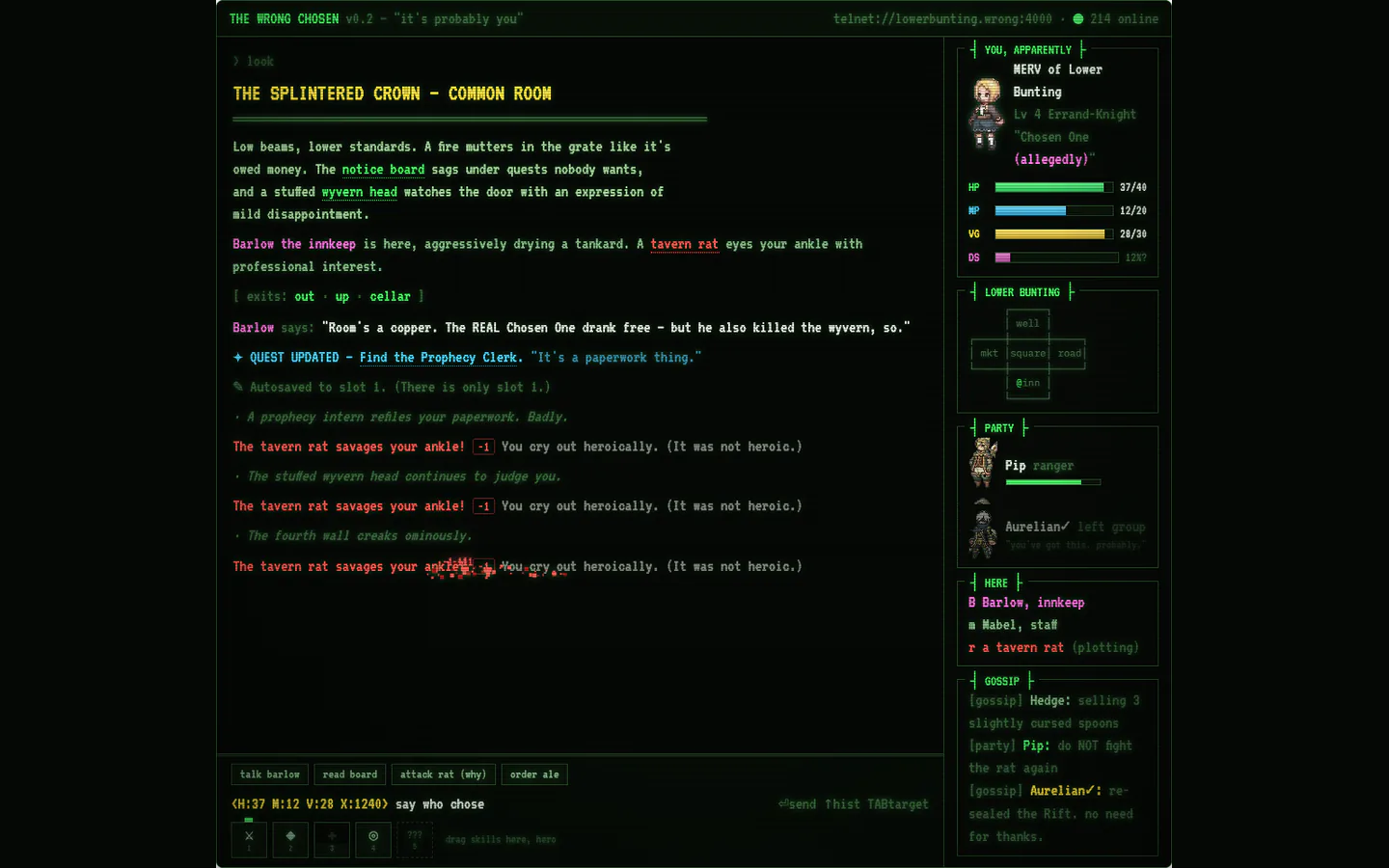 The Wrong Chosen play screen: green terminal text describing an inn common room, with minimap, character stats, party list, and a command prompt