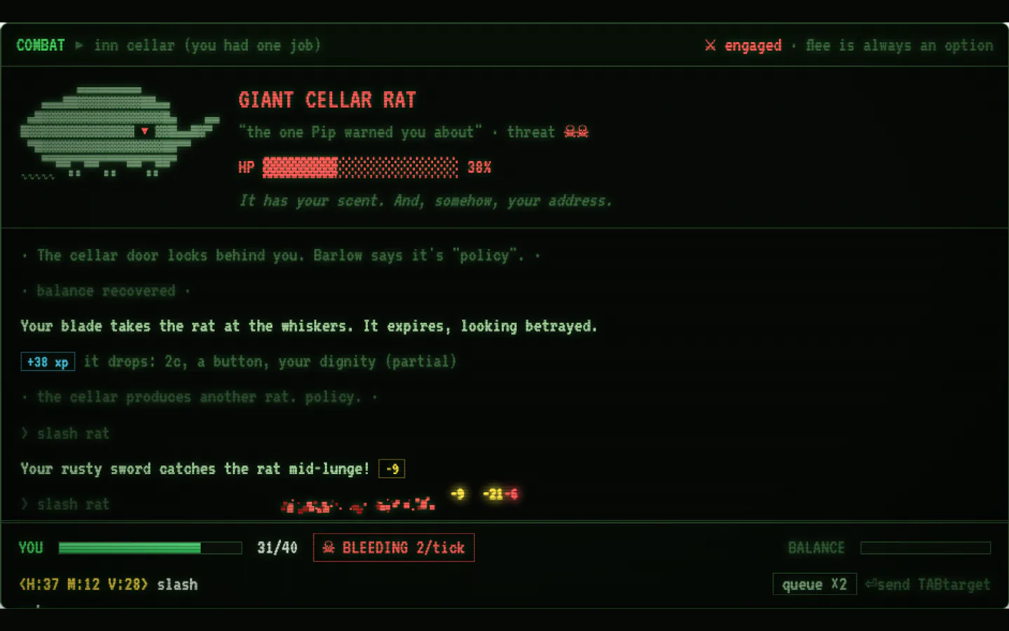 Combat screen showing an enemy portrait, hit points, damage numbers, and a scrolling combat log