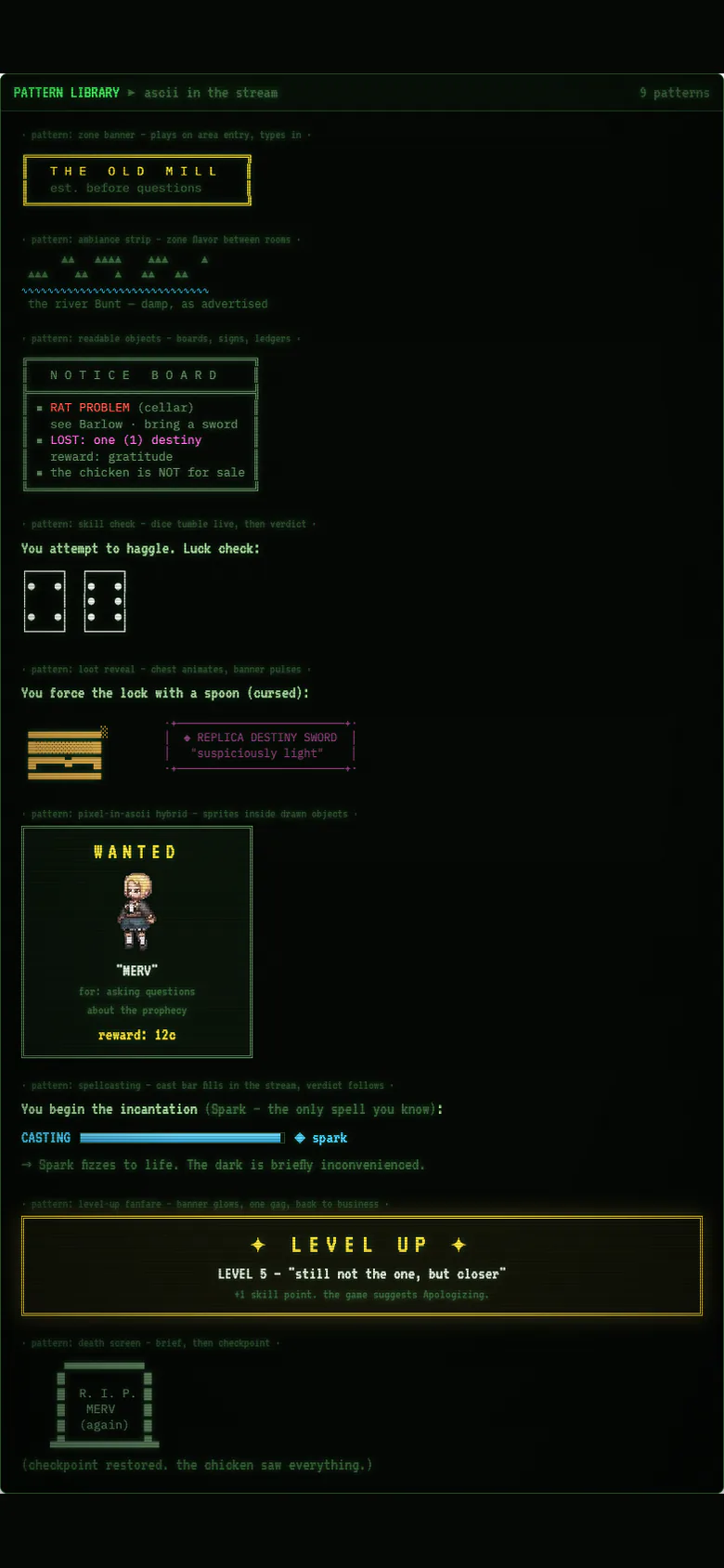 ASCII pattern library: rows of box-drawing borders, banners, dividers, and panel styles in phosphor green