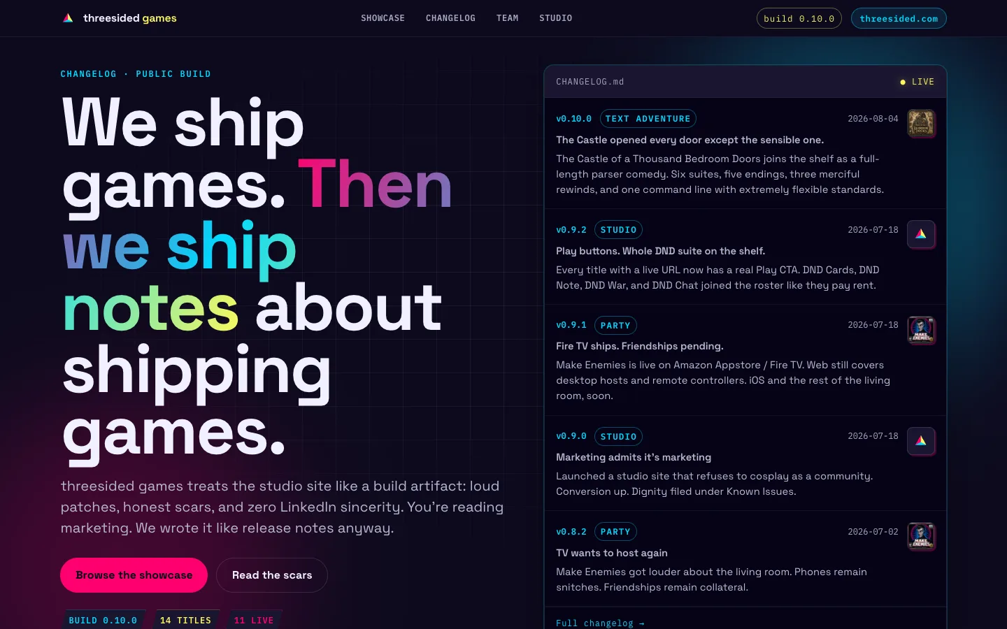 Threesided Games homepage with hot-build headline and live changelog