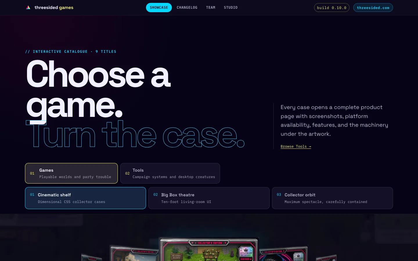 Threesided Games showcase with cinematic collector cases