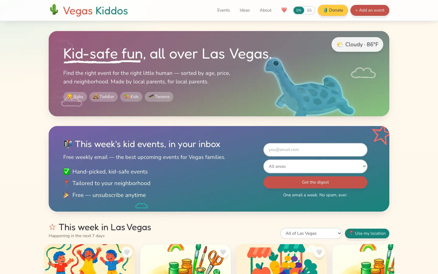 Vegas Kiddos homepage hero with age filters and this-week event cards