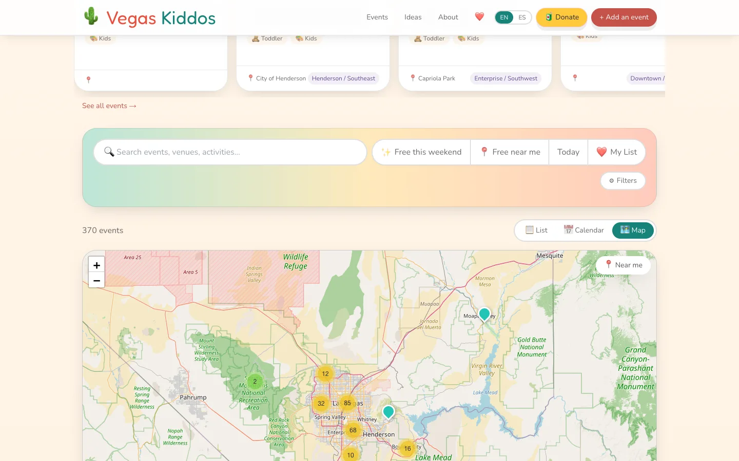 Vegas Kiddos map view with clustered event markers across Las Vegas
