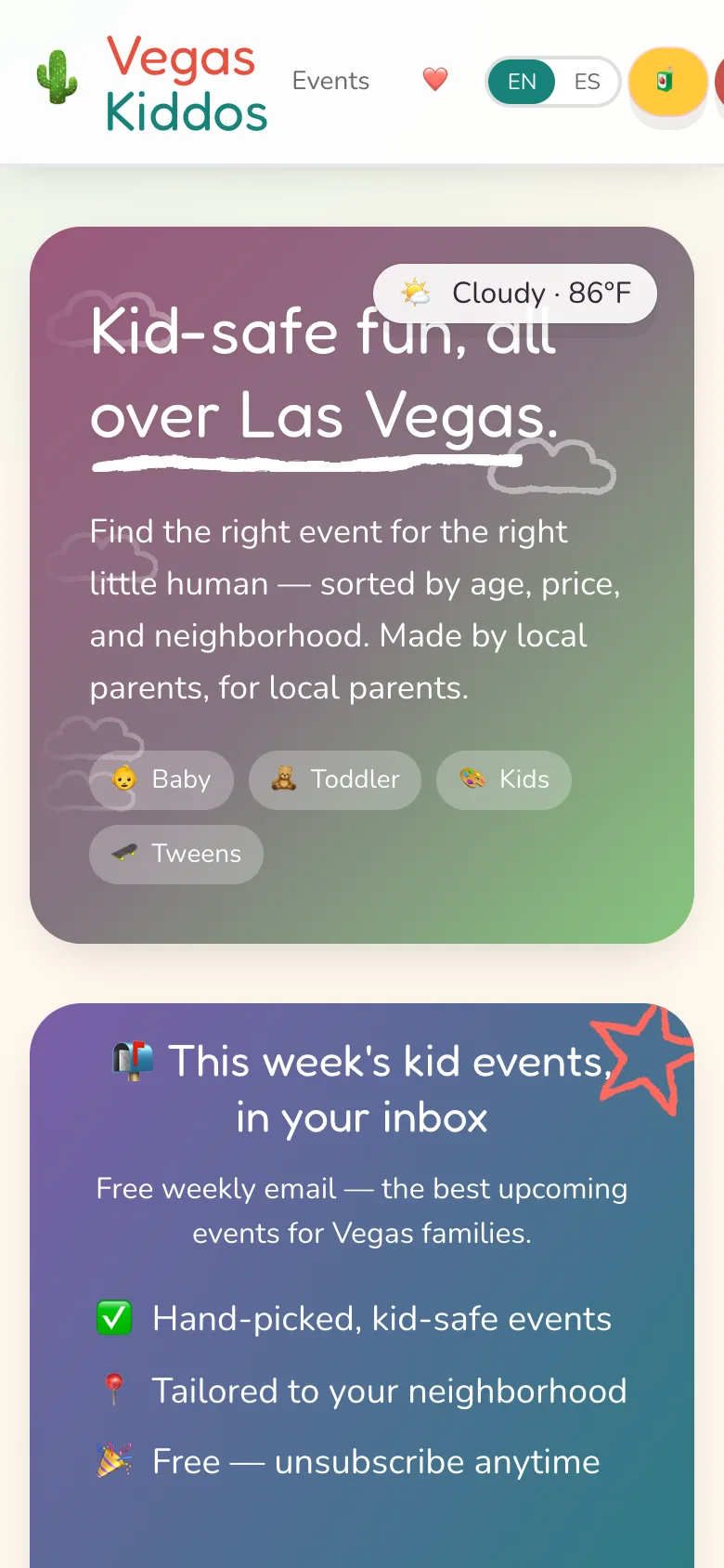 Vegas Kiddos mobile homepage with hero, age pills, and weekly digest signup