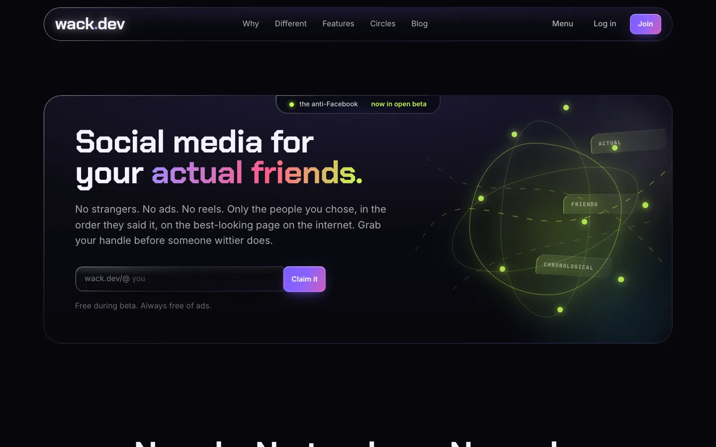 Wack.dev homepage hero with handle claim and anti-Facebook positioning