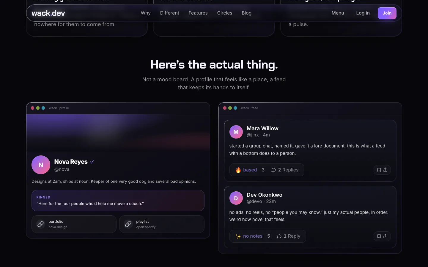 Wack.dev profile and chronological feed mockups